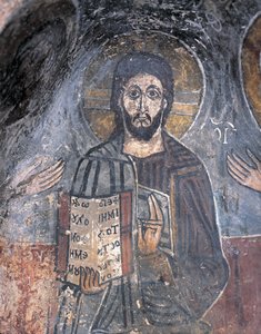 Lähikuva freskosta pantokraattorista, Kristus Pantokraattorista, Zoupena, Sparta, Peloponnesos, Kreikka tekijältä Byzantine