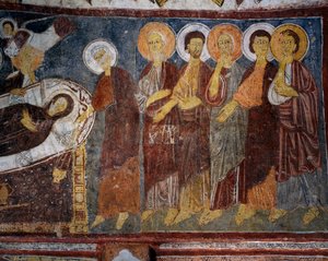 Neitsyten nuuskiminen apostolien joukossa, Yksityiskohta, Bysanttilainen fresko (1200-luku), Gulsehir Karsi Kilise (Johanneksen kirkko), Goreme (Unescon maailmanperintöluettelo) tekijältä Byzantine