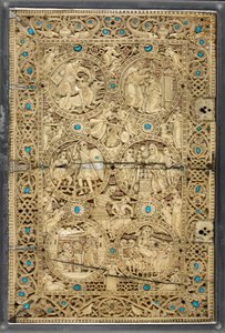 Egerton MS 1139 Yläkansi, jossa on kohtauksia Daavidin elämästä, "Queen Melisende Psalter", Jerusalem, n. 1131-40 (norsunluu ja turkoosi) tekijältä Byzantine