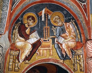 Evankelistit Markus ja Johannes kirjoittavat evankeliumia, Karanlik Kilise (Pimeä kirkko) (1100-1300-luku), Goreme (Unescon maailmanperintöluettelo) tekijältä Byzantine