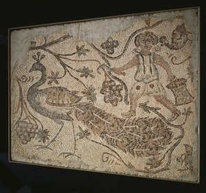 Lattiamosaiikkipaneeli: Rypäleenkorjuukone riikinkukon kanssa, 400s tekijältä Byzantine