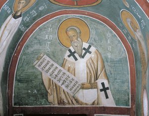 Maalauksia pyhimyksestä, jolla on kirje, Pyhä Ignatius Antiokiasta, Panagia Too Araka, Lagoudera, Kypros tekijältä Byzantine