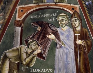 Saint Eldrad palaa Santiago de Compostelasta ja saa uskonnollisen tavan Novalesan apottilta, Pyhän Eldradin elämäntarinoita, romaaninen fresko, bysanttilainen tyyli, Pyhän Eldradin ja Pyhän Nikolauksen kappeli, Novalesan luostari, Piemont, Italia. tekijältä Byzantine