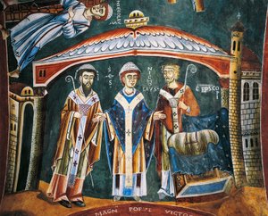 Pyhä Nikolaus Myran piispaksi vihitty, yksityiskohta Pyhän Nikolauksen tarinoista, romaaninen fresko, bysanttilaista tyyliä, 1100-luvun loppupuoli, Pyhän Eldradin ja Pyhän Nikolauksen kappeli, Novalesan luostari, Piemonte, Italia. tekijältä Byzantine