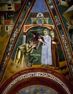Pyhä Nikolai, tarinoita Pyhän Eldradin ja Pyhän Nikolauksen elämästä, St Eldrado kääntyi kohti Pyhää Jaakobia Compostelalaista: luostaritottumus Novalesan apottilta, yksityiskohta tekijältä Byzantine