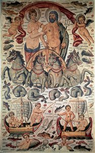Bysantin taide: Neptunuksen ja amfitriitin voitto. Neptunus ja Amphitrite alasti neljän merihevosen ampumassa panssarivaunussa. 3. vuosisadan mosaiikki. Mitat: 3,1x1,96m. Louvre-museo, Pariisi tekijältä Byzantine Byzantine