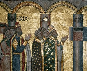 Bysanttilainen arkkitehtuuri: löydä Pyhän Markuksen urna. Yksityiskohta mosaiikki kultaa taustalla. Basilica di San Marco (San Marcon basilika), Venetsia tekijältä Byzantine Byzantine