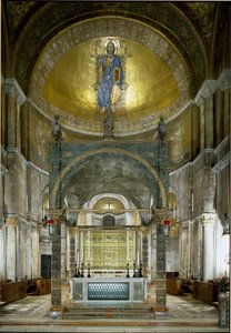 Bysanttilainen arkkitehtuuri: presbytery. Pääalttari, ciborium albasteripylväineen (5. ja 1200-luvulla), pääkaupungit (1100-luvulla) ja Pala d