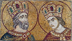 Rooman keisari Konstantinus I ja hänen äitinsä Pyhä Helena (mosaiikkiyksityiskohta)