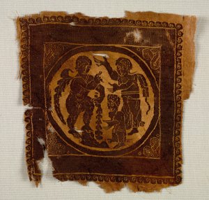 Koristeneliö tunikasta, 400-luku (kuvakudoskudos lisäkudekääreellä, värjäämätön pellava ja värjätty villa) tekijältä Byzantine Period Egyptian