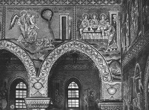 Kolmen enkelin ilmestyminen Abrahamille ja Abrahamin vieraanvaraisuus, n. 1182 (mosaiikki) tekijältä Byzantine School