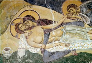 Bysanttilainen taide: "Valittelu Kristuksen kuolemasta"" Taiteilijan fresko 1100-luvulta. Yksityiskohta. Nerezi, San Pantaleimone, Macedoine tekijältä Byzantine School