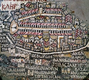 Bysantin taide: Palestiinan vanhin kartta. Jerusalemia kuvaava yksityiskohta. 6. vuosisadan mosaiikki. Madaba, Pyhän Yrjön kirkko tekijältä Byzantine School