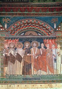 Konstantinus IV (654-85) myönsi piispa Reparatuksen oikeudet Ravennan kirkolle, 671-77 (mosaiikki) tekijältä Byzantine School