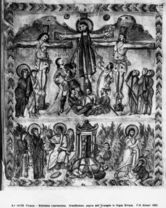 Ristiinnaulitseminen ja ylösnousemus, Rabulan evankeliumeista, 586 jKr tekijältä Byzantine School