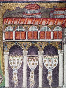 Palazzo di Teodoricon vasen siipi, 527-99 (mosaiikki) (224988:n yksityiskohta) tekijältä Byzantine School