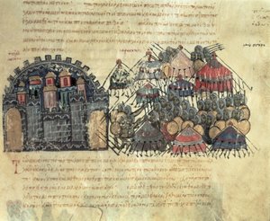 MMS Vitr. 26-7 Bysantin piiritys Messinaan, Madridin Skylitzesistä (vellum) tekijältä Byzantine School