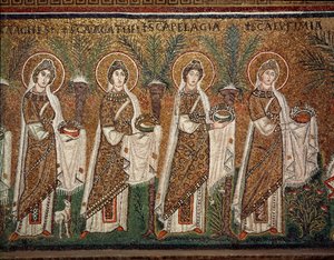 Neitsyiden kulkue (yksityiskohta mosaiikista, 6. vuosisata) tekijältä Byzantine School