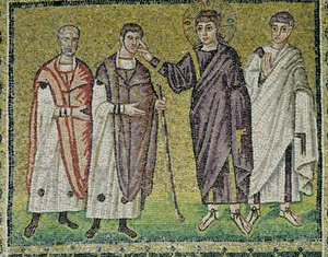 Kahden sokean parantuminen Jerikosta, kohtauksia Kristuksen elämästä (mosaiikki) tekijältä Byzantine School