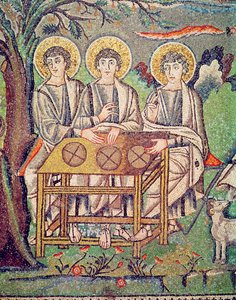 Kolme enkeliä, yksityiskohta Aabrahamin vieraanvaraisuudesta ja Iisakin uhrista, 6. vuosisata (mosaiikki) (katso 154709) tekijältä Byzantine School