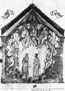Apostolit kokoontuivat korvaamaan Juudaksen Mattiasella, folio Rabulan evankeliumeista, 586 jKr (tempera vellum) tekijältä Byzantine School