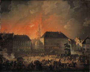 Kaikkein kauhein yö. Näkymä Kongens Nytorvista Kööpenhaminassa Kööpenhaminan englantilaisen pommituksen aikana yöllä 4. ja 5. syyskuuta 1807
