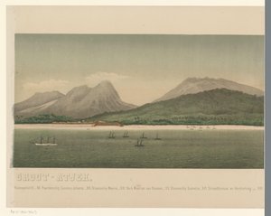 Näkymä Suur-Acehin rannikolle, ensimmäisen Acehin retkikunnan laivaston kanssa rannikon edustalla, kolmas osa The Greater Aceh Road (otsikko esineessä) tekijältä C.A. Whitten