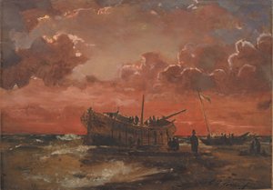Hylky Jyllannin länsirannikolla auringonlaskun aikaan tekijältä C.F. Sørensen