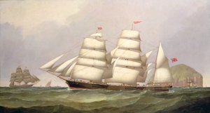 Barkki "Undaunted" Ailsa Craigin edustalla, kauppalaivojen takana tekijältä C.H. Fyfe