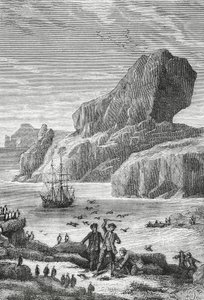 Ranskalaisen tutkimusmatkailijan Yves-Joseph de Kerguelen-Tremarecin (1734-1797) löytö Australian Ranskasta (Kerguelen-saaret), helmikuu 1772, kaiverrus, Intian valtameri, Ranskan eteläisten ja antarktisten maiden alue