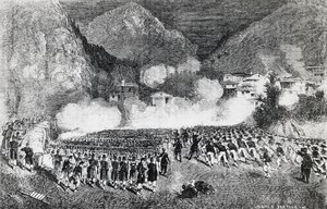 Kenraali Giacomo Medicin divisioona hyökkäämässä Levico Termen kimppuun, Trentino-Alto Adige, heinäkuu 1866, kolmas vapaussota, kaiverrus, Italia tekijältä J.B. and Brown J. Rowbotham