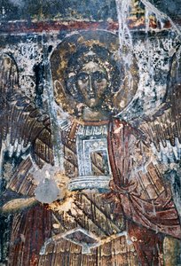 Hevonen, vaurioitunut fresko Agios Vasileiosin kirkon katossa, Vavouledo, Kreeta, Kreikka (kuva) tekijältä J.B. and Brown J. Rowbotham