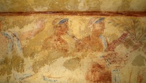 Muusikot, fresko, yksityiskohta, Sinisten demonien hauta, Tarquinian nekropolis (UNESCOn maailmanperintöluettelo, 2004), Lazio, Italia. Etruskien sivilisaatio, 5. vuosisadalla eKr. (kuva) tekijältä J.B. and Brown J. Rowbotham
