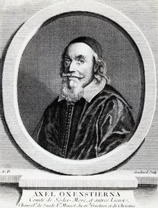 Ruotsin kuningaskunnan kanslerin Axel Oxenstierna Gustafssonin (1583-1654) muotokuva, kaiverrus tekijältä J.B. and Brown J. Rowbotham