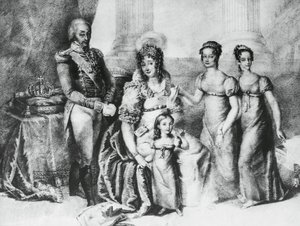Sardinian kuninkaan ja Savoian, Piemonten ja Aostan herttua Viktor Emmanuel I:n muotokuva vaimonsa Maria Teresan Itävalta-Esteestä sekä tyttäriensä, Savoylaisen Maria Teresan (1803-1879), Savoylaisen Maria Annan ja Savoijlaisen Maria Cristinan kanssa. , ka tekijältä J.B. and Brown J. Rowbotham