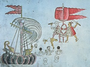 Hernan Cortesin espanjalaiset sotilaat kahlaavat maihin vuonna 1519 taistelemaan atsteekeja vastaan, kopioitu Codex Azcatitlanista, n. 1550 (väri litho) tekijältä J.B. and Brown J. Rowbotham
