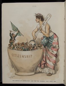 Assimilaation laasti - ja yksi elementti, joka ei sekoitu, kuvitus Puck-lehdestä, 26. kesäkuuta 1889. tekijältä C.J. Taylor