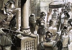 Francisco Pizarro, inkojen armoton valloittaja, tapaa kuningas Atahualpan. tekijältä C.L. Doughty