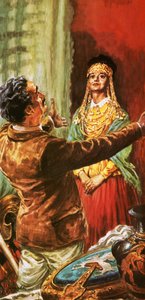 Heinrich Schliemann koristelee vaimoaan muinaisen Troijan alueelta kaivetuilla koristeilla. tekijältä C.L. Doughty