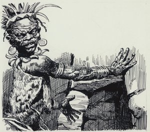 Kuningas Solomonsin kaivosten kuvitus (guassi paperille) tekijältä C.L. Doughty