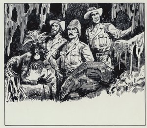 Kuningas Solomonsin kaivosten kuvitus (guassi paperille) tekijältä C.L. Doughty