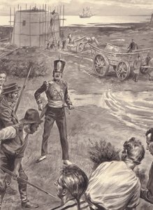 Martellotorneja rakennetaan Napoleonin hyökkäyksen varalta Englantiin (guassi paperille). tekijältä C.L. Doughty