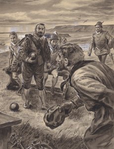 Sir Francis Drake pelaa keilaa ja vastaanottaa uutisia Espanjan armadasta (guassi paperille). tekijältä C.L. Doughty