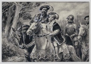 Lord Protector, Somersetin herttua, kuljettaa nuoren kuningas Edward VI:n Windsoriin (guassi paperille).