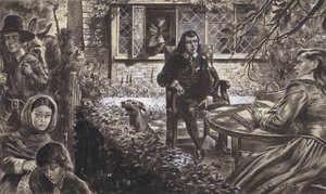 Runoilija John Milton puutarhassaan tyttäriensä kanssa (guassi paperille).