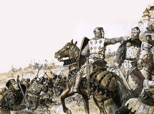 Tunnistamaton taistelukohtaus, jossa sotilas osoittaa kuningasta. tekijältä C.L. Doughty
