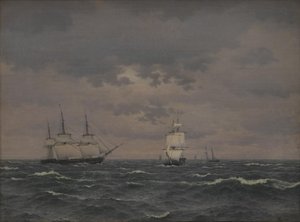 Corvette Reefing purjehtii raikastavassa tuulessa ja joitain muita aluksia tekijältä Christoffer Wilhelm Eckersberg