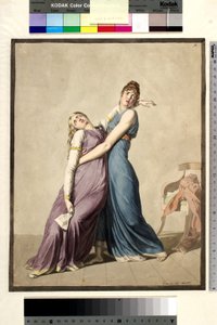 Nainen tukee toista naista, joka on pyörtynyt lukiessaan kirjeen tekijältä Christoffer Wilhelm Eckersberg