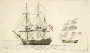 Tanskalainen fregatti ankkurissa ja englantilainen brigi purjeiden alla tekijältä Christoffer Wilhelm Eckersberg