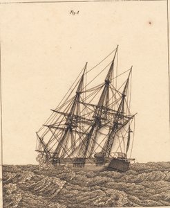 Korvetti myrskyssä. Kuva "Lineaarinen perspektiivi", levy X tekijältä Christoffer Wilhelm Eckersberg